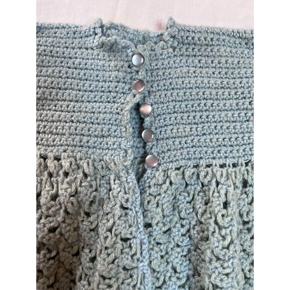 Vintage 50s Infant Handmade Blue Crochet Baby Dress Coat Cardigan With Open Knit - Picture 5 of 6